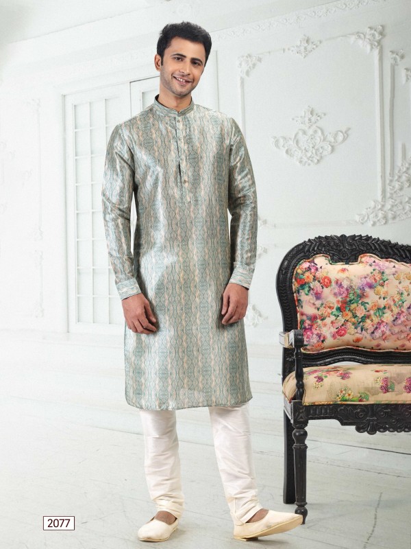 Banarasi Silk Readymade Kurta in Cream Teal Green Color With Digital Print 