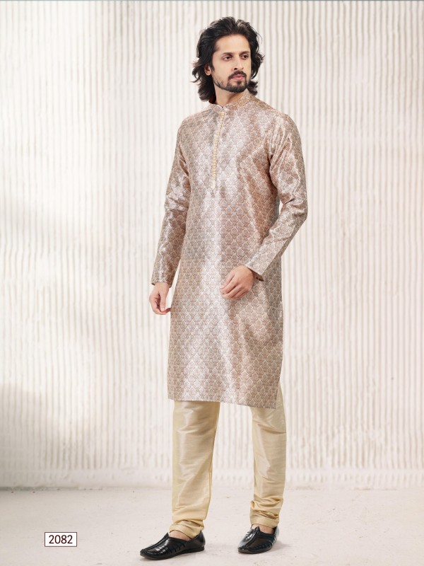 Jaquard Banarasi Silk Readymade Kurta in Beige Color 