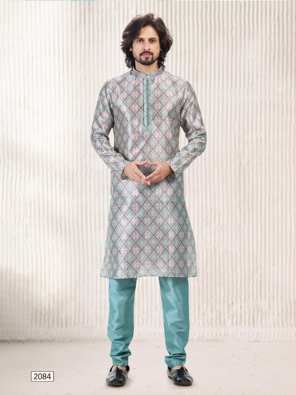 Jaquard Banarasi Silk Readymade Kurta in Ferozi Blue Color 