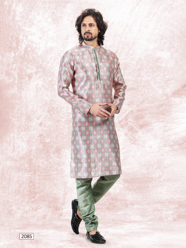 Jaquard Banarasi Silk Readymade Kurta in Cream Green Color 