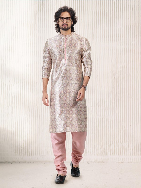Jaquard Banarasi Silk Readymade Kurta in Cream Peach Green Color 