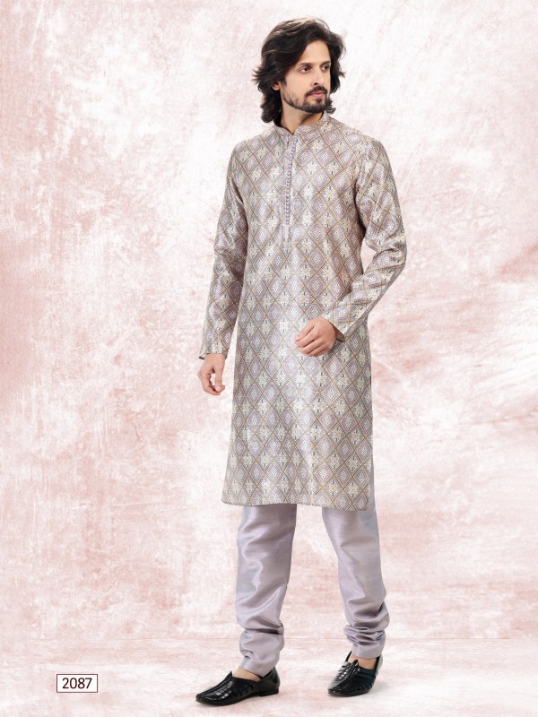 Jaquard Banarasi Silk Readymade Kurta in Cream Purple Green Color 