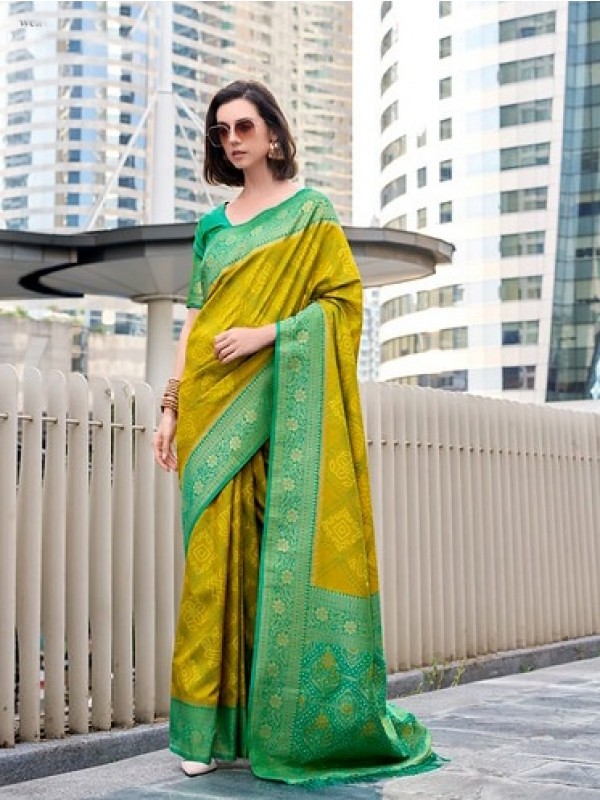 Soft Silk Party wear Saree In Mustard Color with Bandhani Weaving 