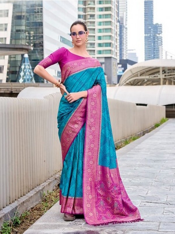 Soft Silk Party wear Saree In Blue Color with Bandhani Weaving 