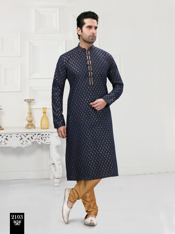 Cotton Silk Printed Readymade Kurta set in Navy Blue 
