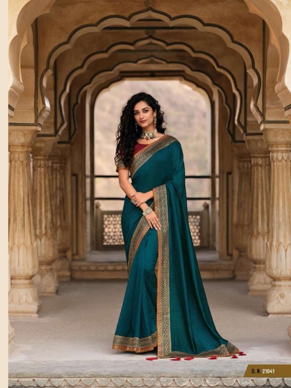 Vichitra Silk Party Wear  Saree In  Teal Blue Color With Embroidery Work