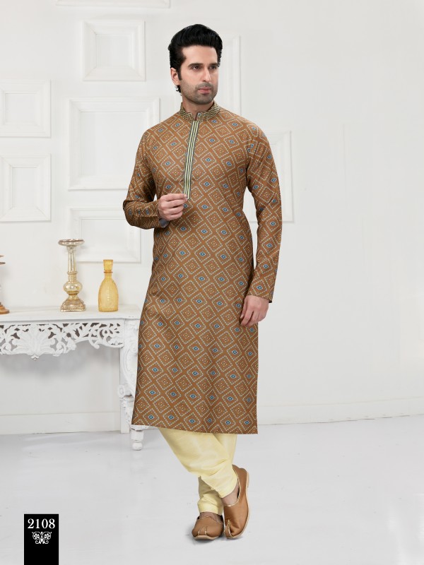 Cotton Silk Printed Readymade Kurta set in Light Brown 