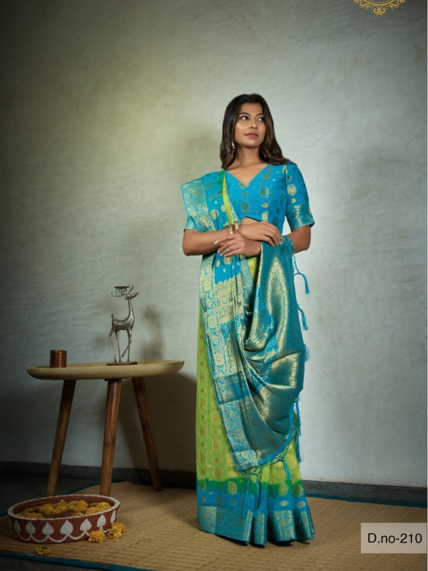 Chiffon Silk  Saree Blue & Green Color With Weaving Work