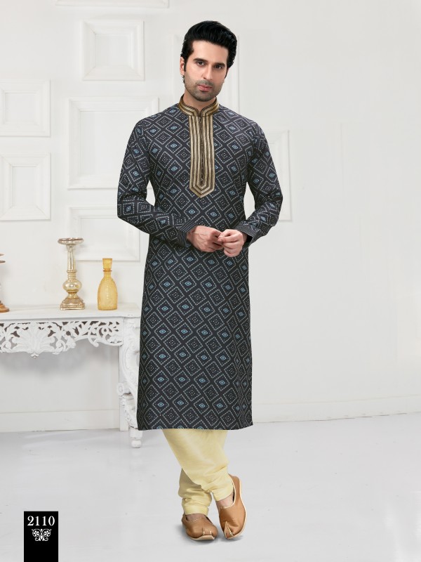 Cotton Silk Printed Readymade Kurta set in Navy Blue 