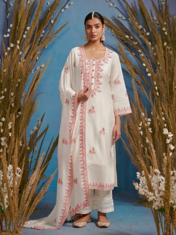 Cotton Sateen Party Wear  Suit  in White Color with  Embroidery Work