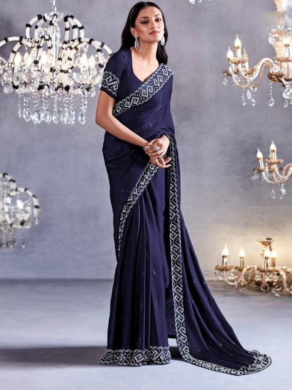  Pure Silk Saree In Blue Color With Stone  Work