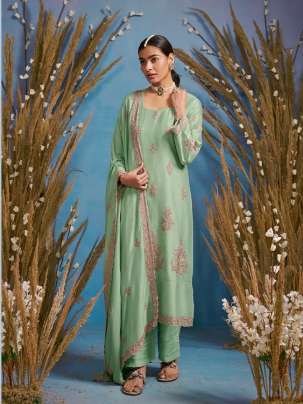 Cotton Sateen Party Wear  Suit  in Green Color with  Embroidery Work