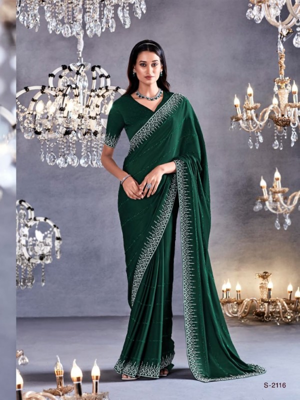  Pure Silk Saree In Green Color With Stone  Work