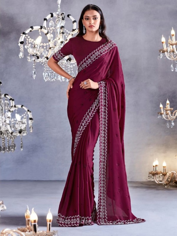  Pure Silk Saree In Magenta Color With Stone  Work