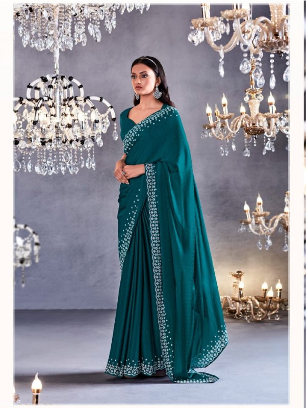  Pure Silk Saree In Teal Green Color With Stone  Work