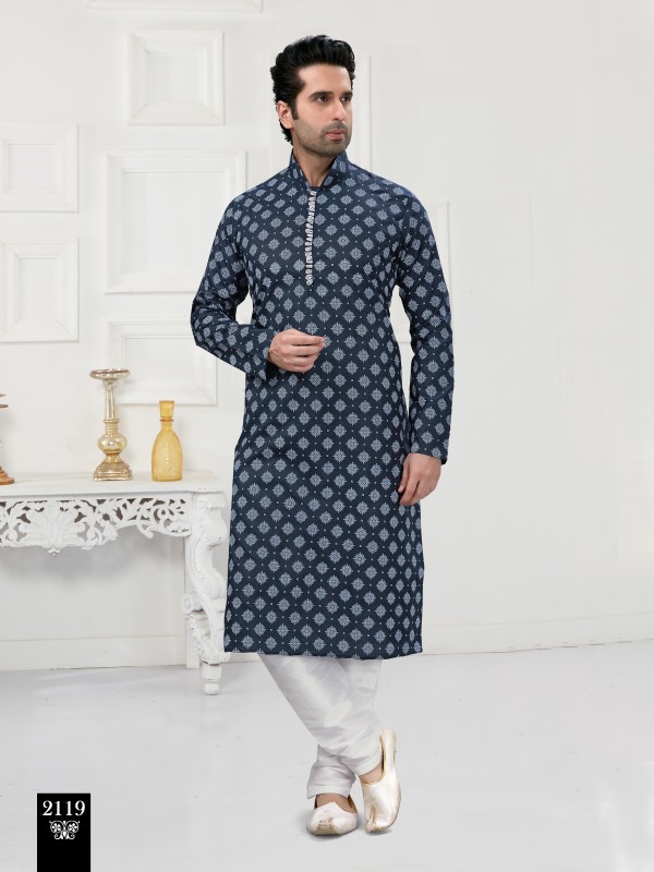 Cotton Silk Printed Readymade Kurta set in Navy Blue