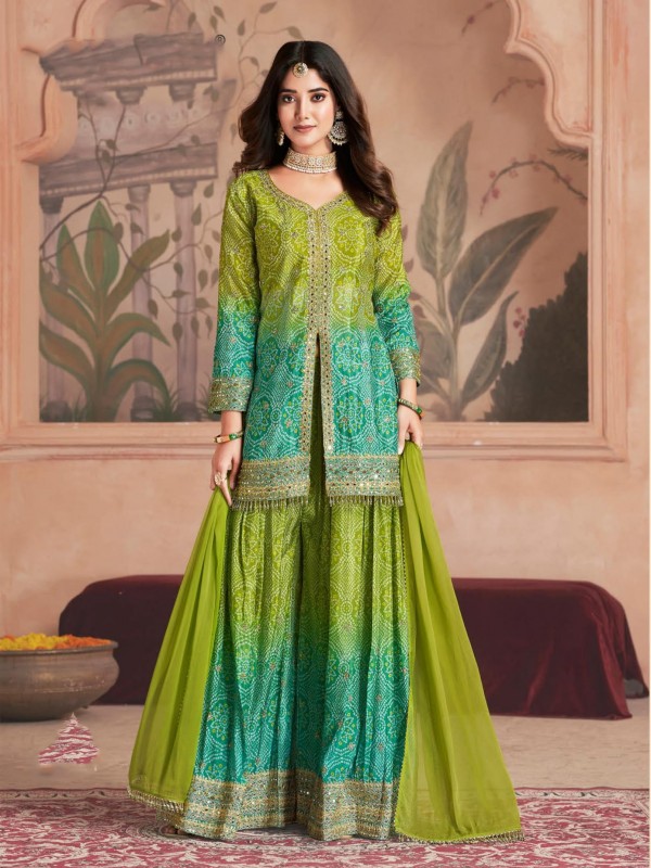 Premium Real Chinon Silk Party Wear Sharara Suit Green Color with Embroidery Work