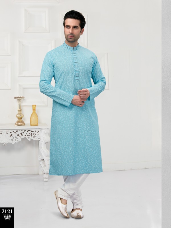 Cotton Silk Printed Readymade Kurta set in Sky Blue 