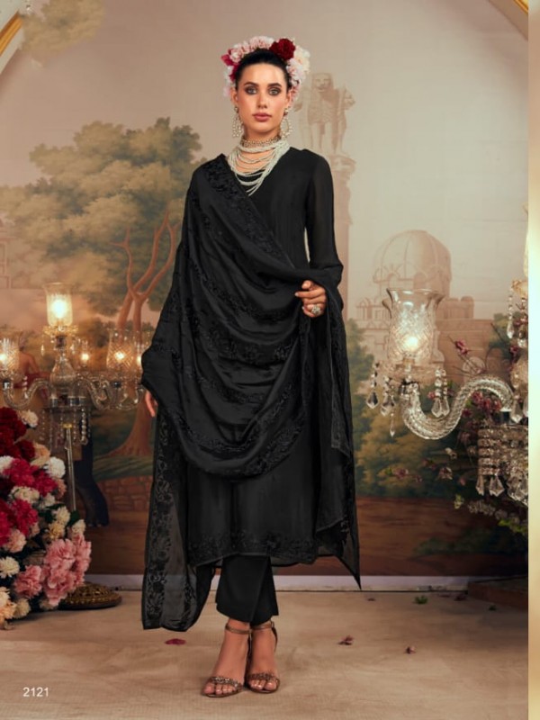 Organza Silk Party Wear  Suit  in Black Color with  Embroidery Work