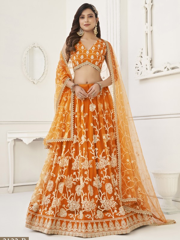 Soft Premium Net Party Wear Lehenga In Orange Color  With Embroidery Work