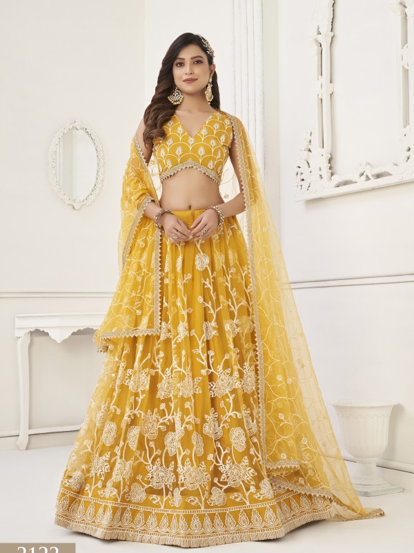 Soft Premium Net Party Wear Lehenga In Yellow Color  With Embroidery Work