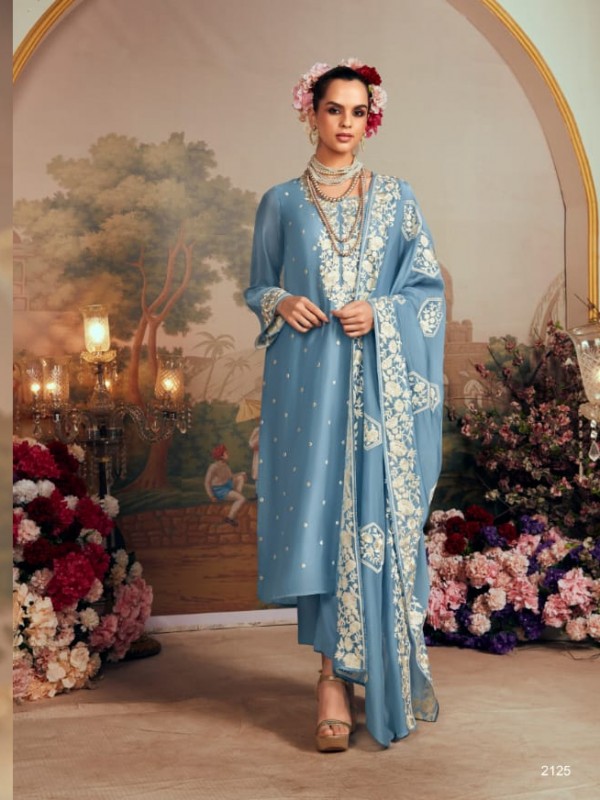 Organza Silk Party Wear  Suit  in Blue Color with  Embroidery Work