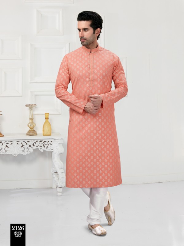 Cotton Silk Printed Readymade Kurta set in Peach 