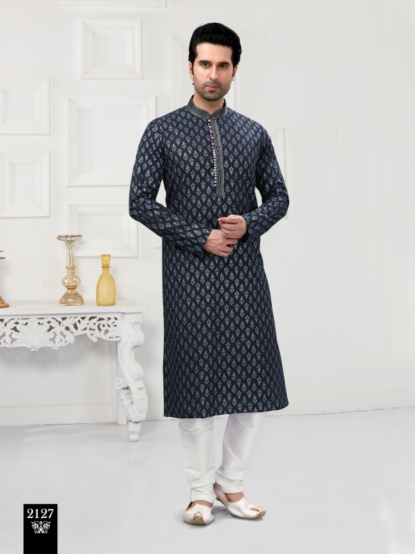 Cotton Silk Printed Readymade Kurta set in Neavy Blue 