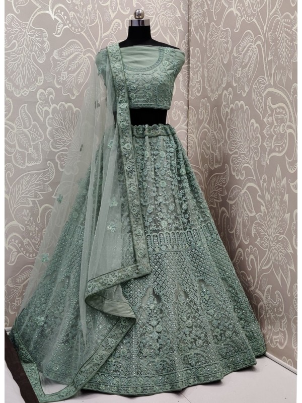 Soft Premium Net  Wedding Wear Lehenga In Turquoise With Embroidery Work