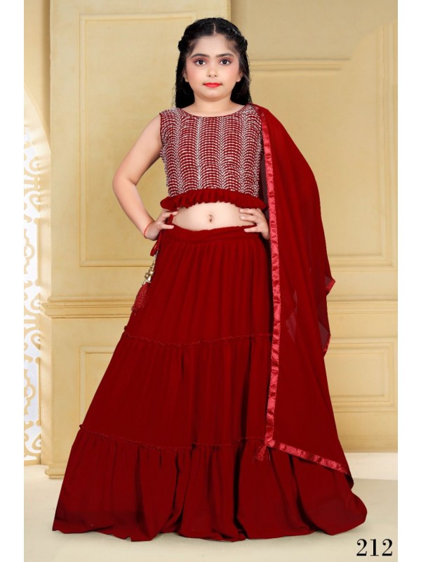 Georgette  Party Wear Kids Lehenga In Red With Embroidery Work 
