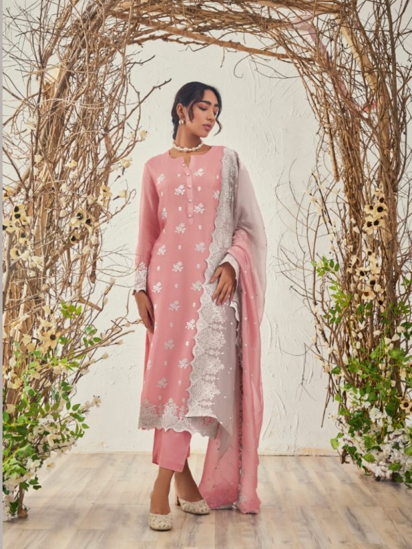 Organza Silk Party Wear  Suit  in Pink Color with  Embroidery Work