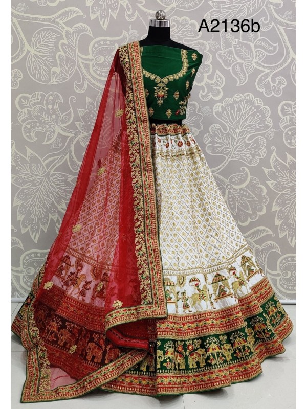 Pure  Silk Bridal  Wear Lehenga In White & red Color With Embroidery Work 