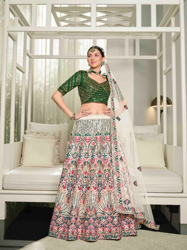  Silk  Party Wear Lehenga In White & Green Color With Embroidery Work