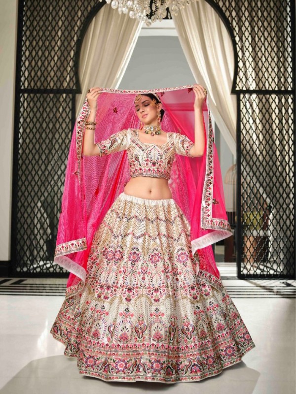  Silk  Party Wear Lehenga In White & Pink Color With Embroidery Work