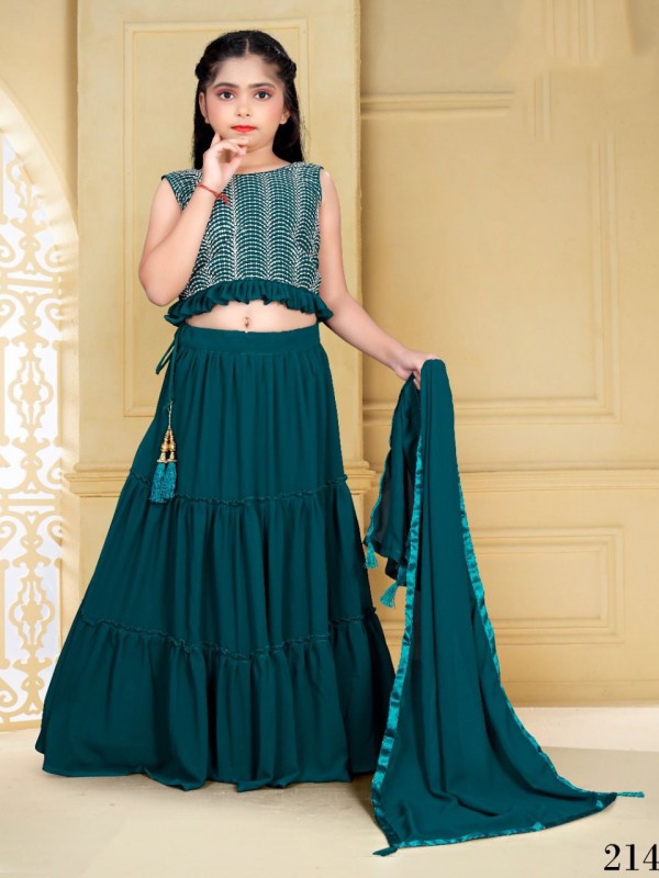 Georgette  Party Wear Kids Lehenga In Teal Blue With Embroidery Work 