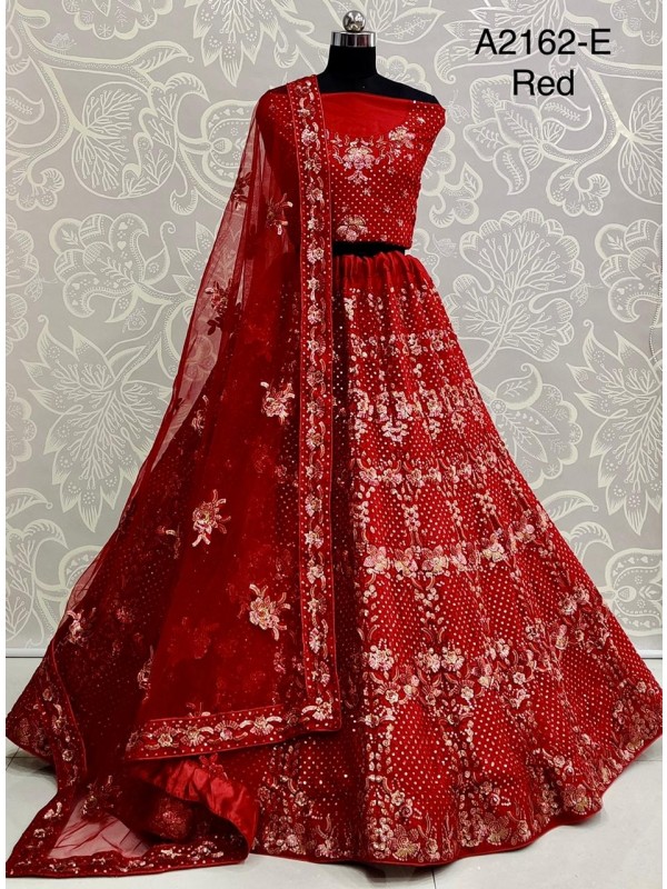 Soft Premium Net  Wedding Wear Lehenga In Red With Embroidery Work