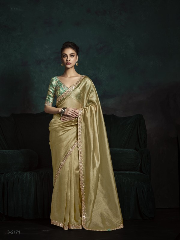 Fancy Silk Party wear Saree Golden Color with Embroidery Work