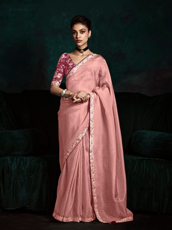 Fancy Silk Party wear Saree Pink Color with Embroidery Work