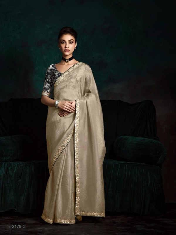 Fancy Silk Party wear Saree Beige Color with Embroidery Work