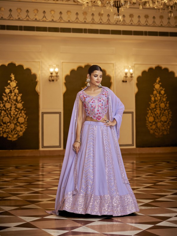Georgette  Party Wear Lehenga In Lavender With Embroidery Work