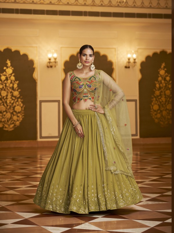 Georgette  Party Wear Lehenga In Mustard With Embroidery Work
