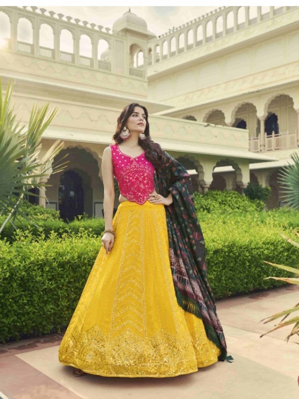 Georgette  Party Wear Lehenga In Yellow & Pink  With Embroidery Work