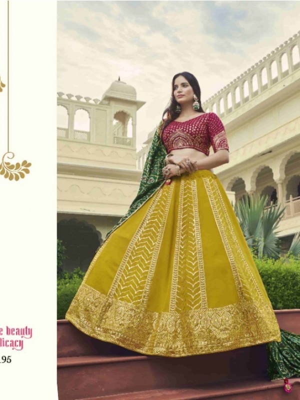 Georgette  Party Wear Lehenga In Lemon Green & Pink Color With Embroidery Work
