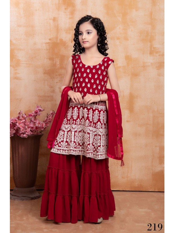 Georgette Party Wear Kids Sharara In Red With Embroidery Work 