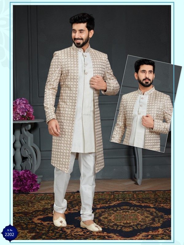 Heavy Imported Silk IndoWestern Ready Made Dress in White & Grey With Embordiery Work 