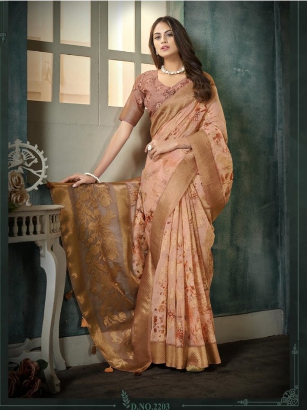  Silk  Saree Peach Color With Weaving Work