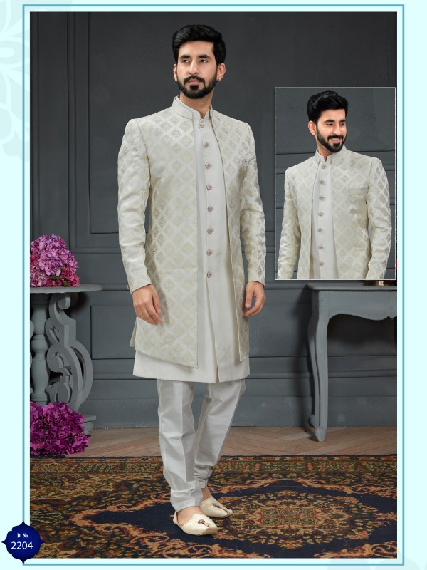 Heavy Imported Silk IndoWestern Ready Made Dress in White & Off White With Jacquard