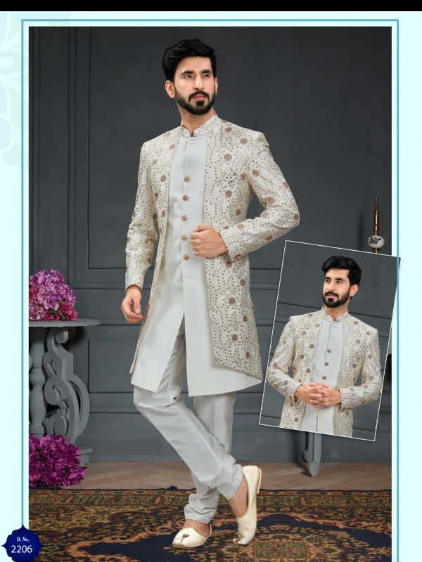 Heavy Imported Silk IndoWestern Ready Made Dress in Off White & Golden With Embordiery Work 