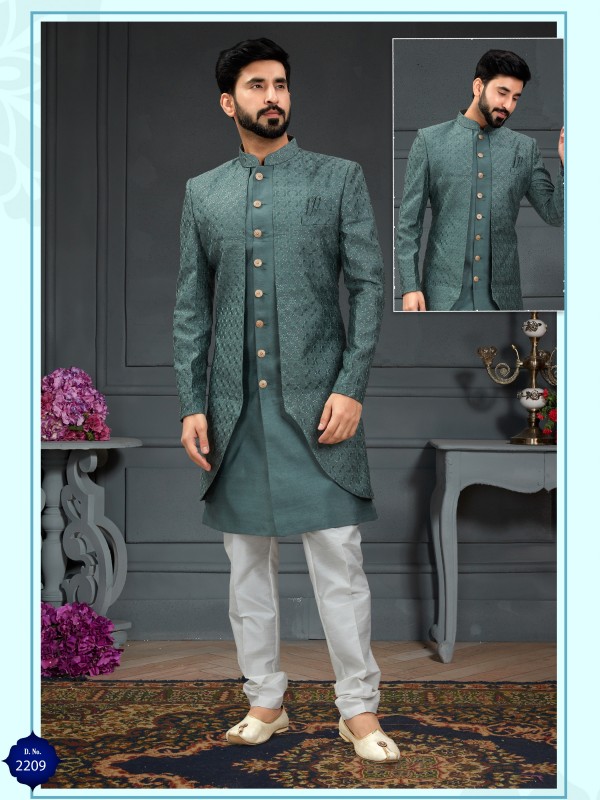 Heavy Imported Silk IndoWestern Ready Made Dress in Green With Embordiery Work 