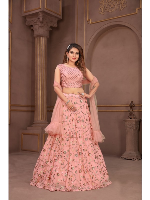 Viscose Georgette Fabrics Party Wear Lehenga in Pink Color With Embroidery  